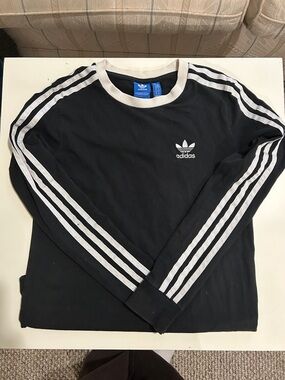 adidas Black Long Sleeve Trefoil Crew with White Stripes